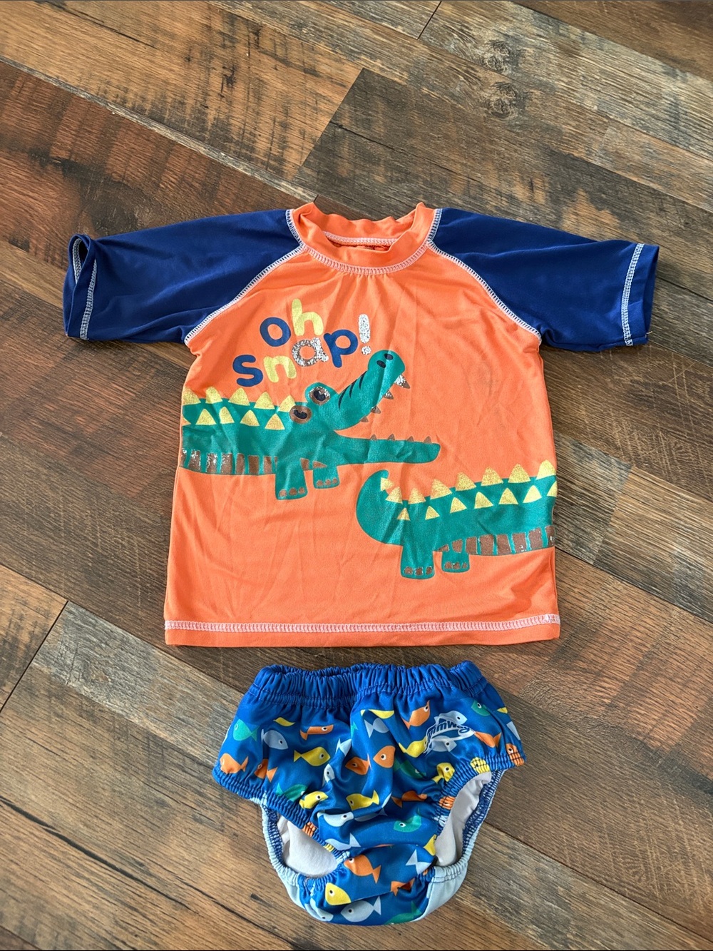 Kids Orange & Blue Crocodile Rash Guard Set - Swim Top and Swim Diaper